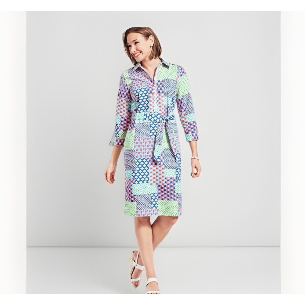 Talbots Patchwork Floral Shirtdress Size 6 Roll Tab 3/4 Sleeves Belted Pockets